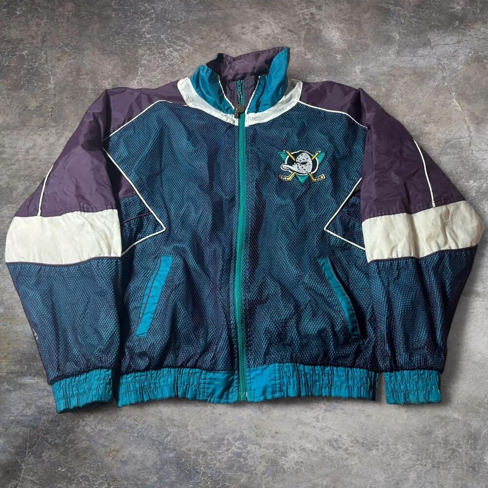 Vintage Pro Player Anaheim Ducks NHL Windbreaker Jacket Men’s Large Teal Purple